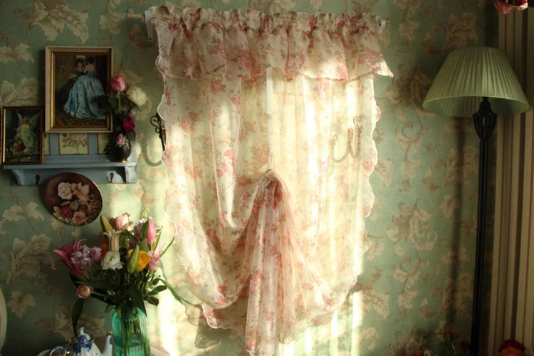 1 pcs Idyllic country style flower lotus leaf curtain head ribbon pull-down fan-shaped semicircular curtain gauze curtain
