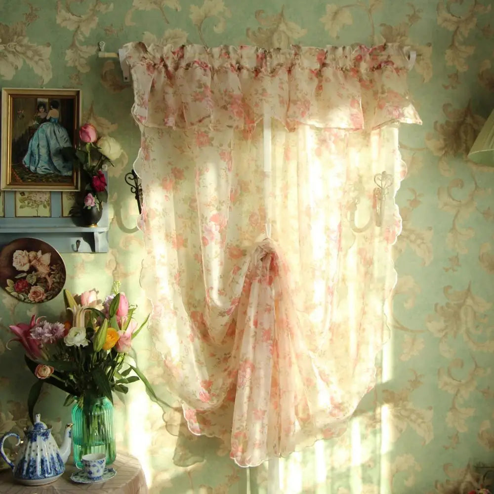 1 pcs Idyllic country style flower lotus leaf curtain head ribbon pull-down fan-shaped semicircular curtain gauze curtain