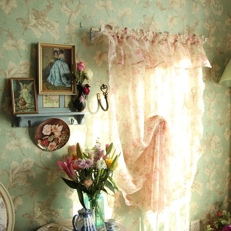 1 pcs Idyllic country style flower lotus leaf curtain head ribbon pull-down fan-shaped semicircular curtain gauze curtain