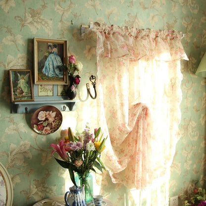 1 pcs Idyllic country style flower lotus leaf curtain head ribbon pull-down fan-shaped semicircular curtain gauze curtain