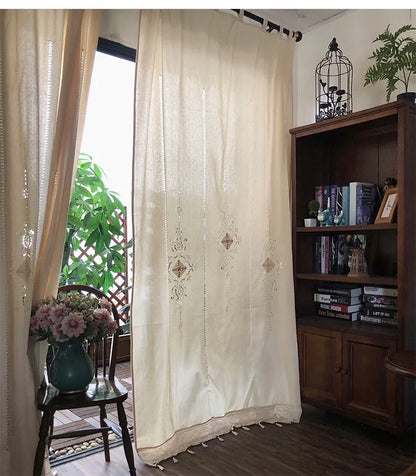 Linen Hollow Solid Curtain Handmade Crochet Bottom Stitching 70% Blackout Window Curtain Customizable for Living Room