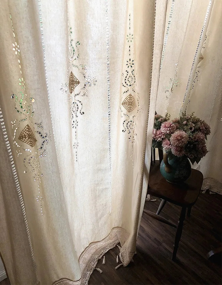 Linen Hollow Solid Curtain Handmade Crochet Bottom Stitching 70% Blackout Window Curtain Customizable for Living Room