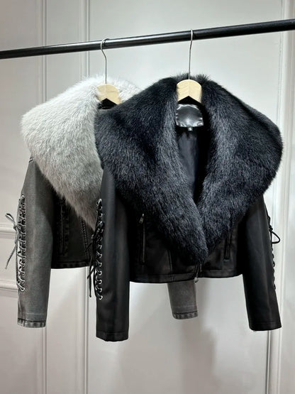 Women Vintage Loose Washed Faux Leather Short Zipper Jacket Coats