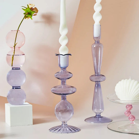 Lilac Candle Holders Glass Candlestick holder for Wedding Table Centerpieces Nordic Vase Home Decoration Gift