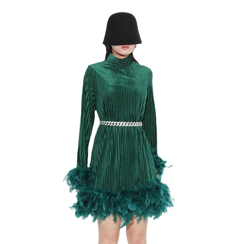 Vintage Feather Design Long Sleeves Short Dresses