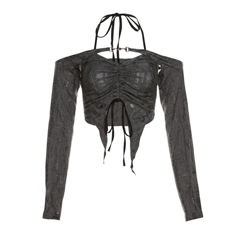 Fashion Gray Off The Shoulder Halter Short Shirts