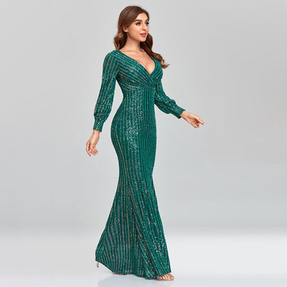 Sexy V Neck Sequined Mermaid Evening Dresses