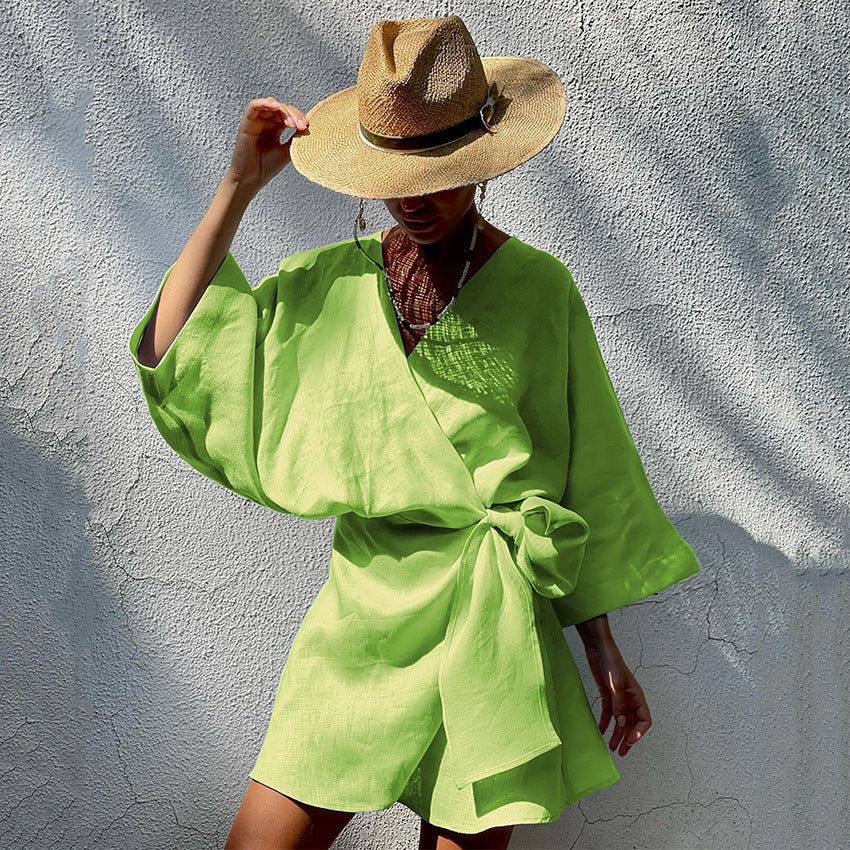 Designed Cotton Linen Irregular Mini Dresses