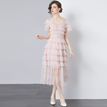 Luxury Square Neckline Net Sequined Long Party Dresses