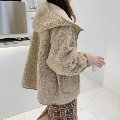 Fashion Women Lamb Wool Thickened Hooded Coats