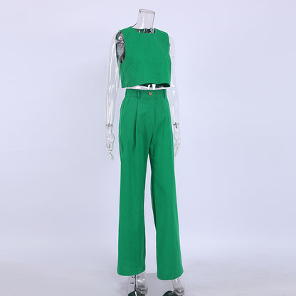 Casual Cotton Linen Sleeveless Tops & Wide Legs Pants