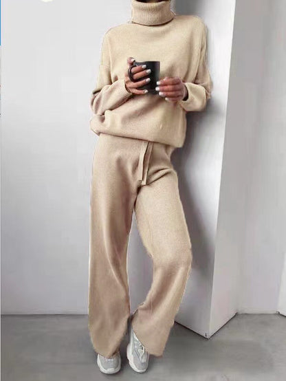Casual High Neck Two Pieces Knitted Tops & Wide Legs Pants