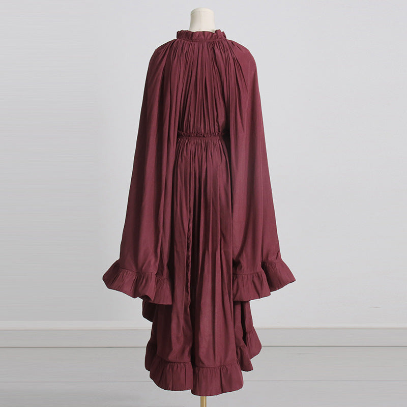 Designed V Neck Ruffled Long Sleeves Cloak Dresses