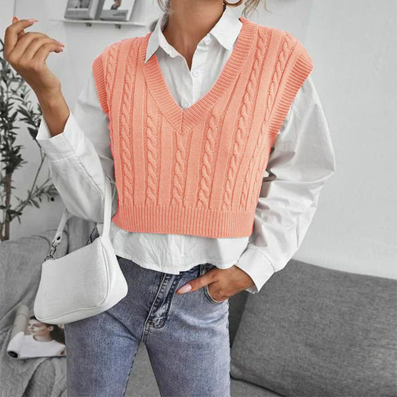 Casual V Neck Sleeveless Knitted Vest