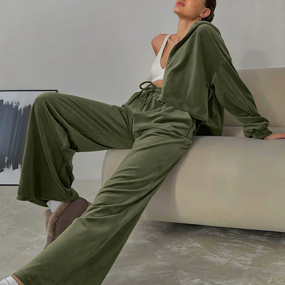 Casual Fashion Pleuch Hoodies & High Waist Pants Women Outfit Sets
