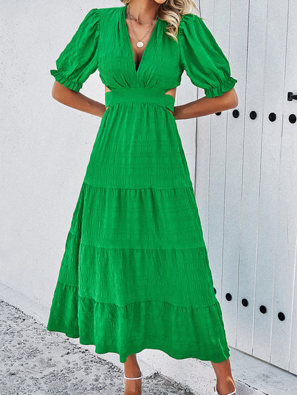Casual V Neck Short Sleeves Long Dresses