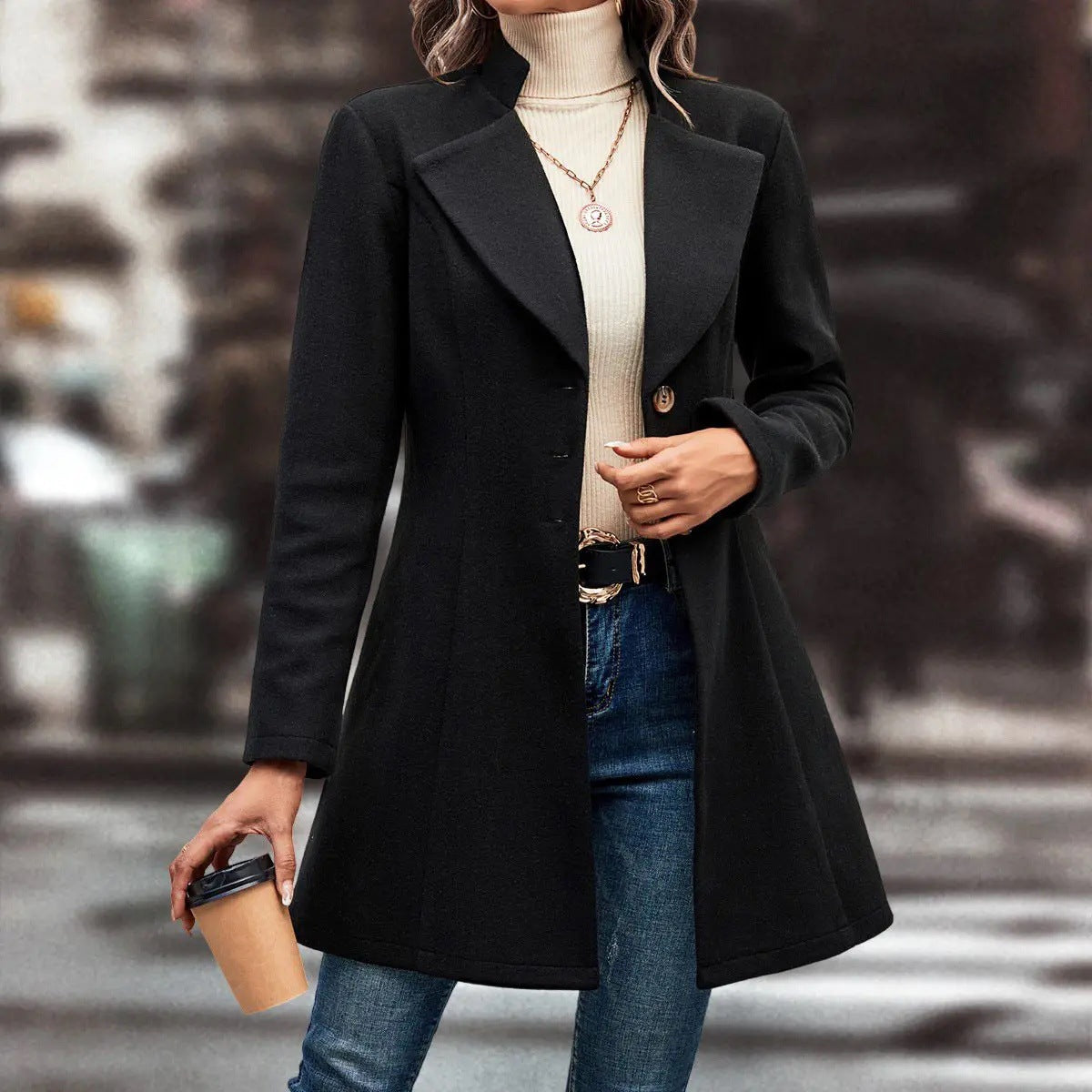 Women's Autumn and Winter Lapel Slim Woolen Solid Color Coat
