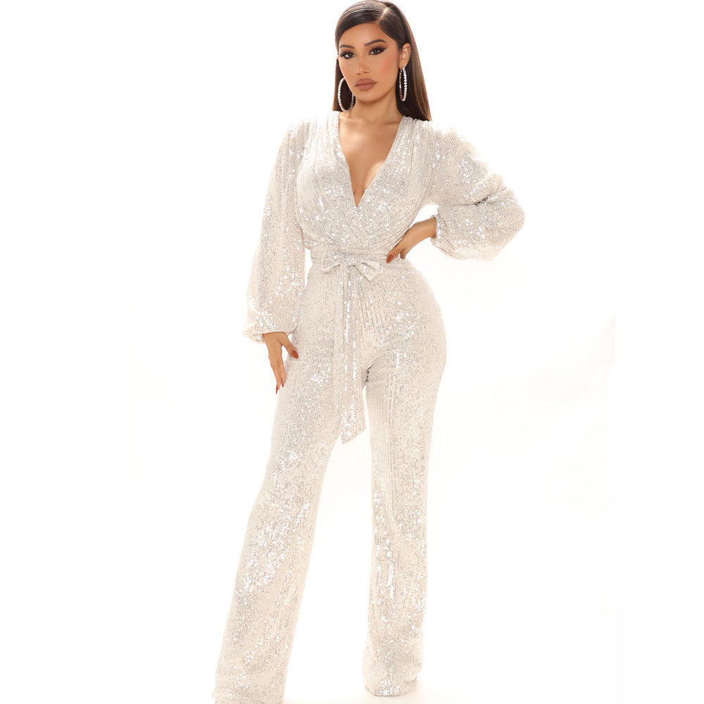 Fashion Sequined V Neck Long Sleeves Tops and Pants