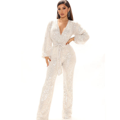 Fashion Sequined V Neck Long Sleeves Tops and Pants