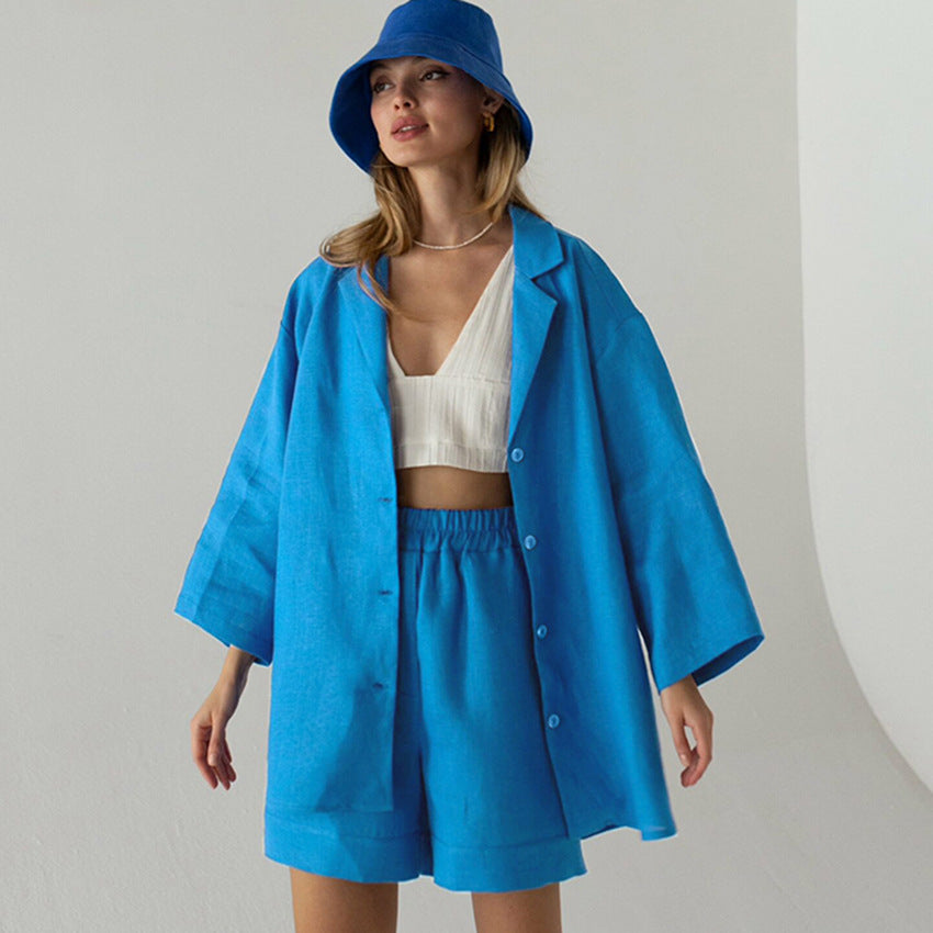Summer Cotton Long Sleeves Shirts and Shorts Suits