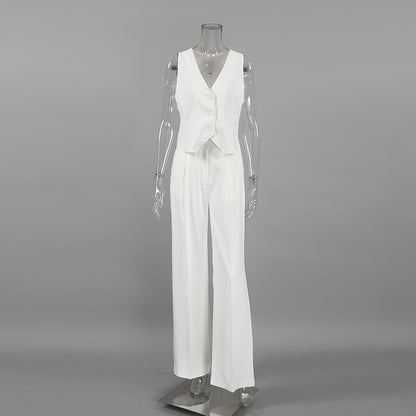 Summer White Sleeveless Vest & Long Pants Two Pieces Suits
