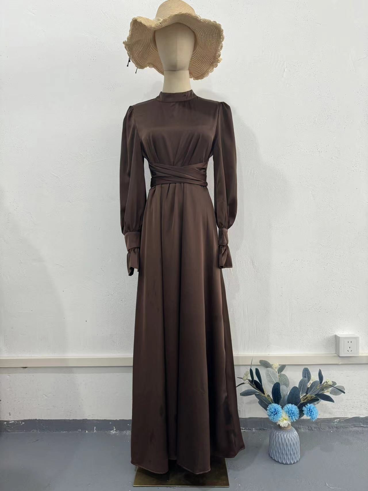 Elegant Long-sleeved Waist-tied Puff-sleeved  Women Dresses