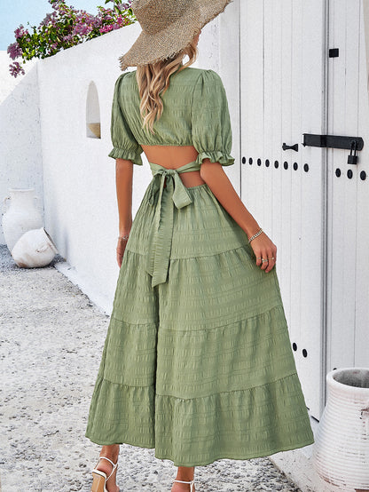 Casual V Neck Short Sleeves Long Dresses