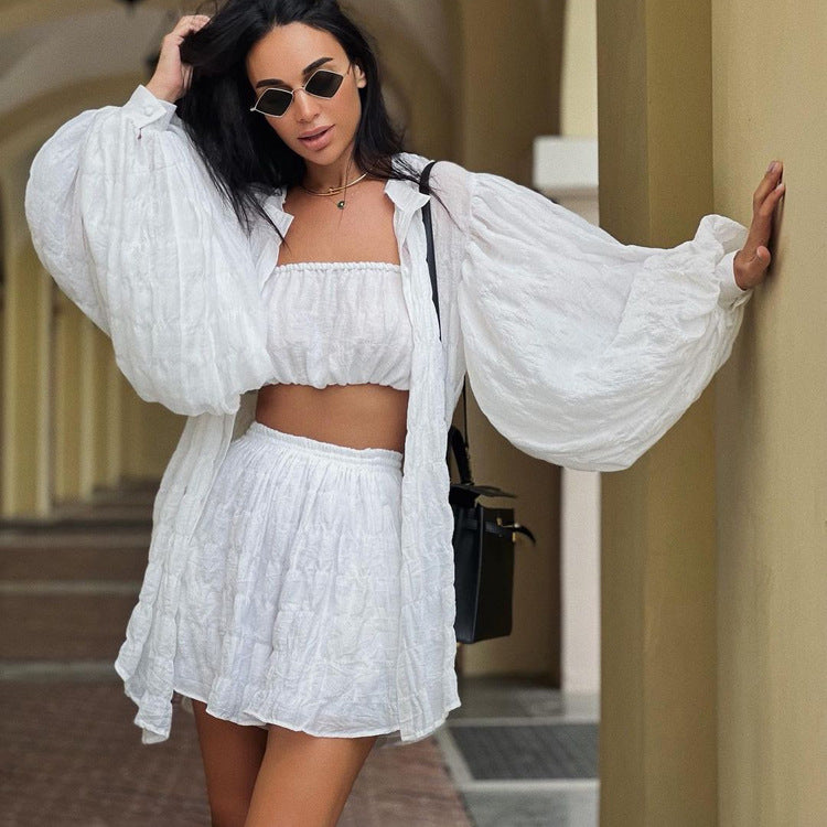 Casual Summer Long Sleeves Shirts with Strapless Tops and Shorts 3pcs Sets