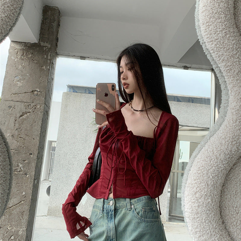 Fashion Square Neckline Tulle Long Sleeves Wine Red Summer Shirts