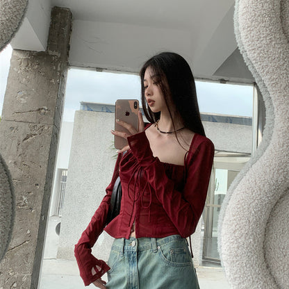Fashion Square Neckline Tulle Long Sleeves Wine Red Summer Shirts