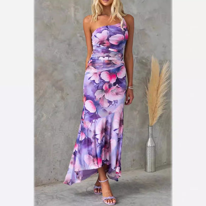 Trendy Explosive One Shoulder Floral Elastic Bodycon Dress