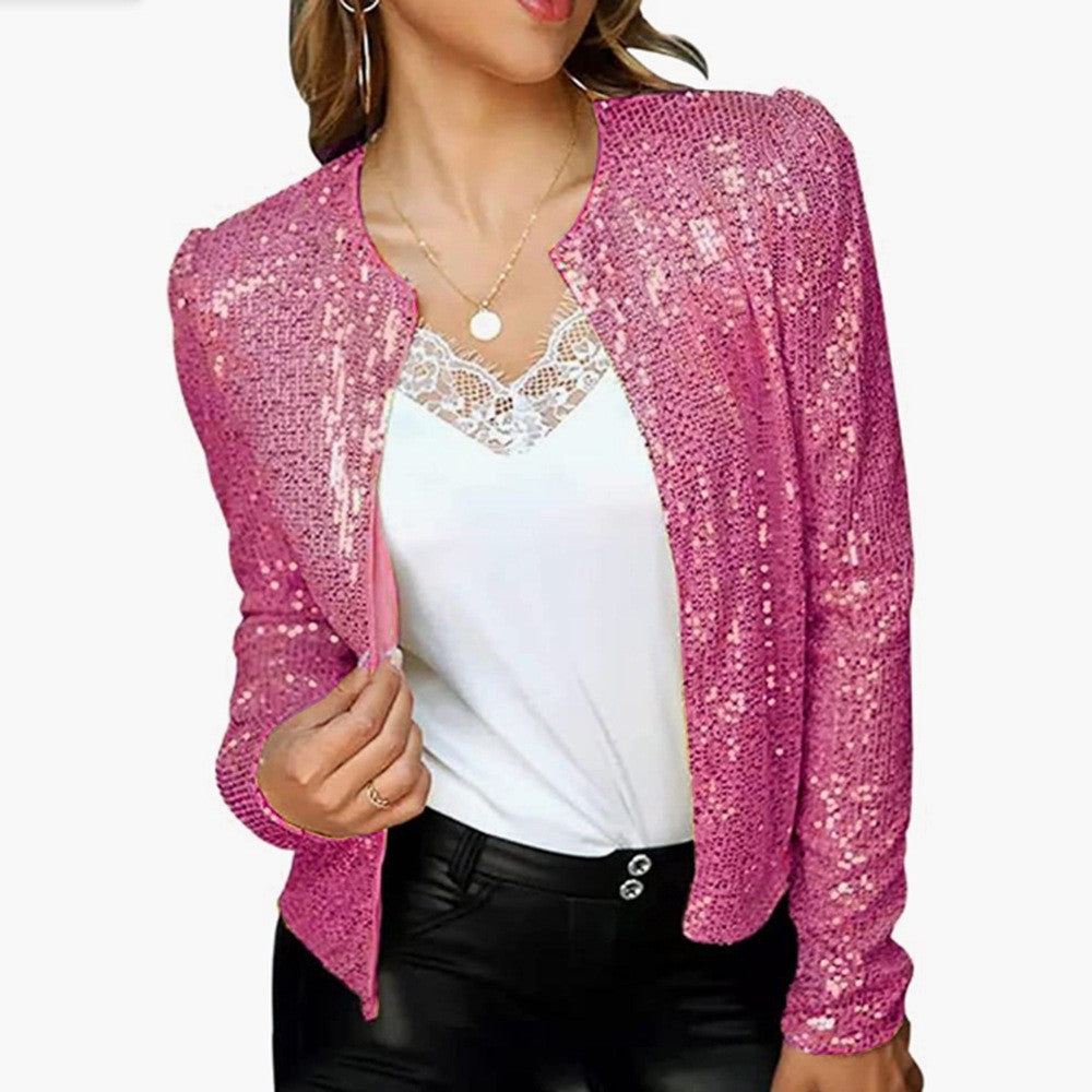 Fashion Stand Collar Sequined Short Coats for Women