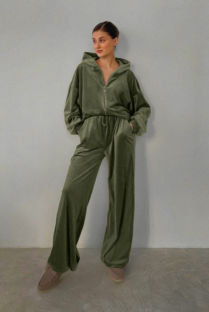 Casual Fashion Pleuch Hoodies & High Waist Pants Women Outfit Sets
