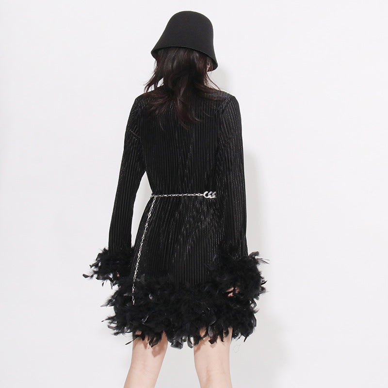 Vintage Feather Design Long Sleeves Short Dresses