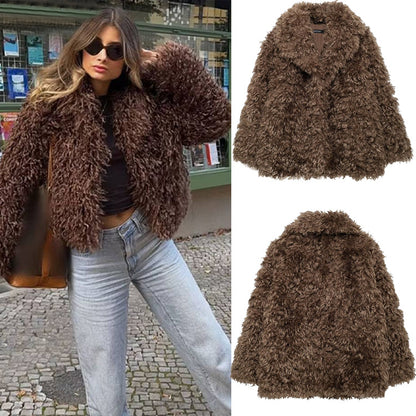 Brown Artificial Fur Short Jacket Coats