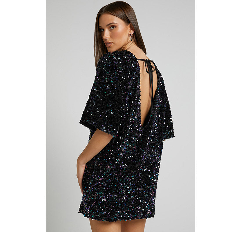 Fashion V Neck Sequined Backless Short Dresses