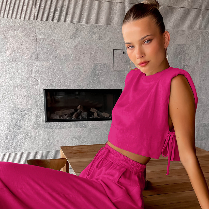 Casual Summer Cotton Linen Sleeveless Tops & Cropped Pants Suits