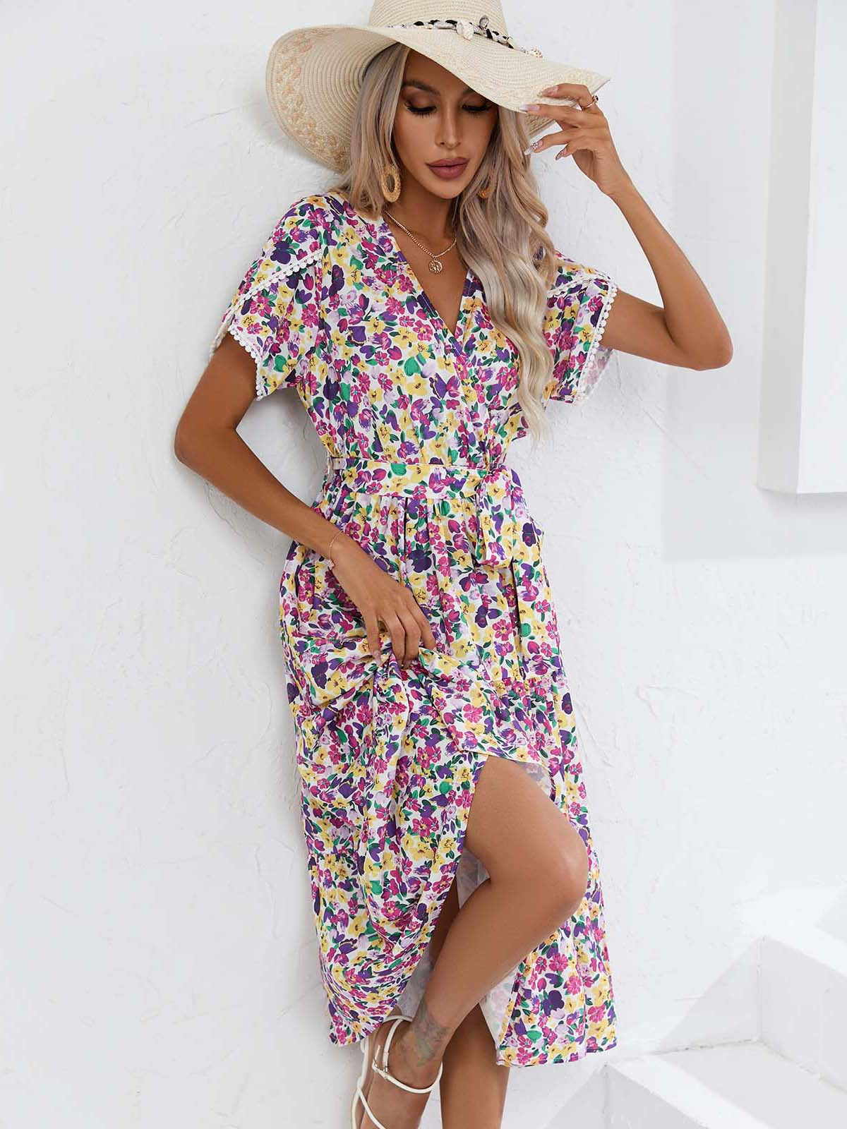 Leisure Summer V Neck Women Midi Dresses