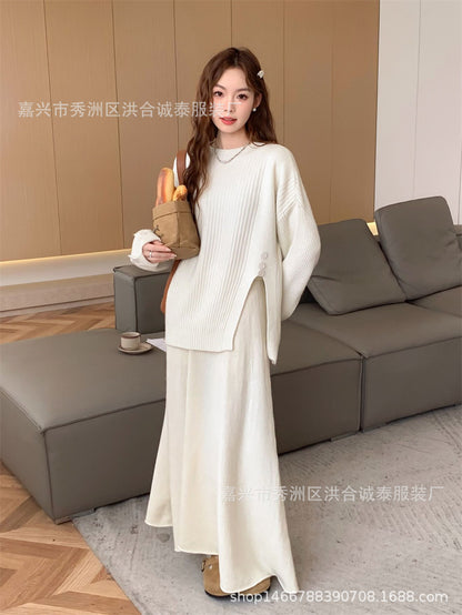 Casual Round Neck Knitted Sweaters & Split Front Skirts