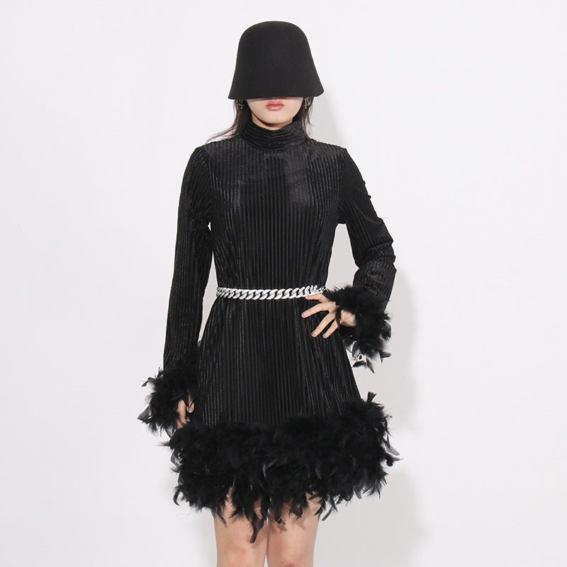 Vintage Feather Design Long Sleeves Short Dresses