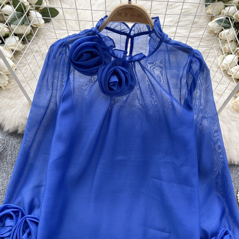 Designed 3D Flowers Chiffon Long Sleeves Shirts