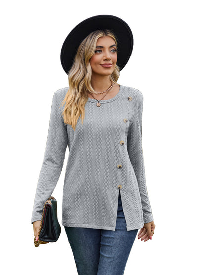 Fashion Round Neckline Button Long Sleeves Shirts