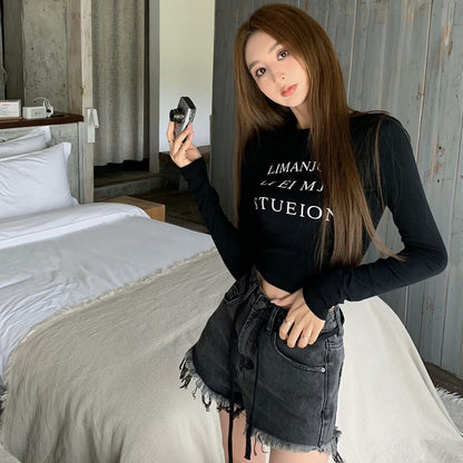 Summer Long Sleeves T Shirts and High Waist Denim Shorts