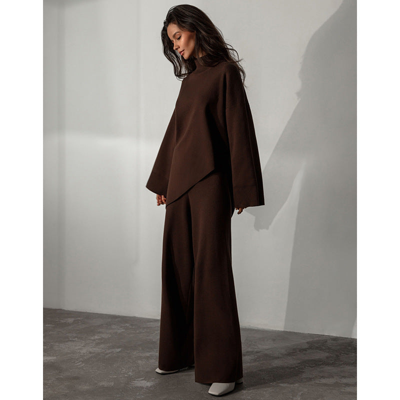 Casual Irregular Pullover Sweaters and Wide Legs Pants Outfits Sets