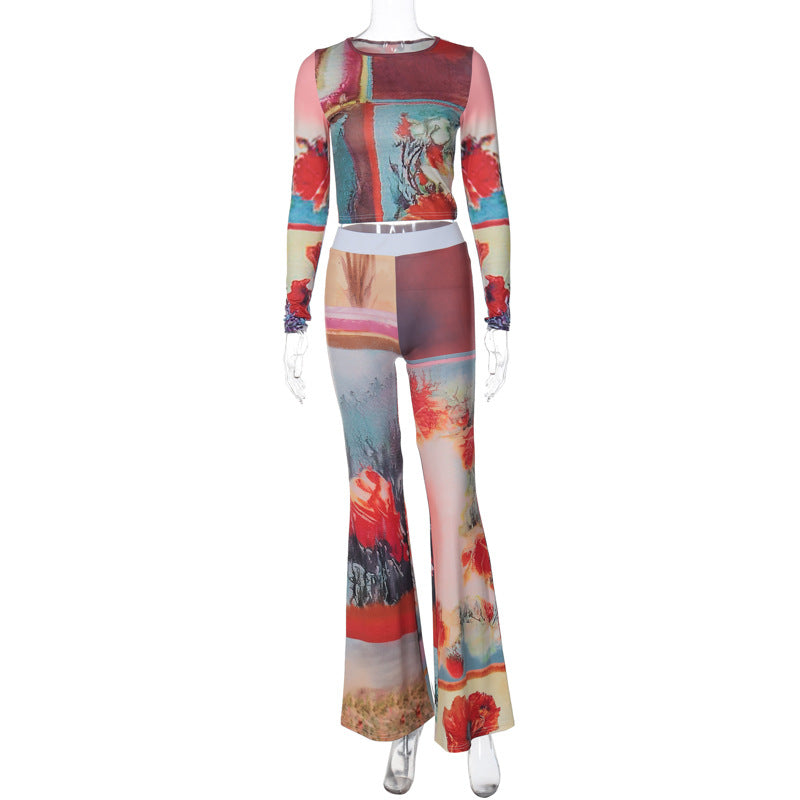 Fashion Women Floral Print Two Pieces Suits