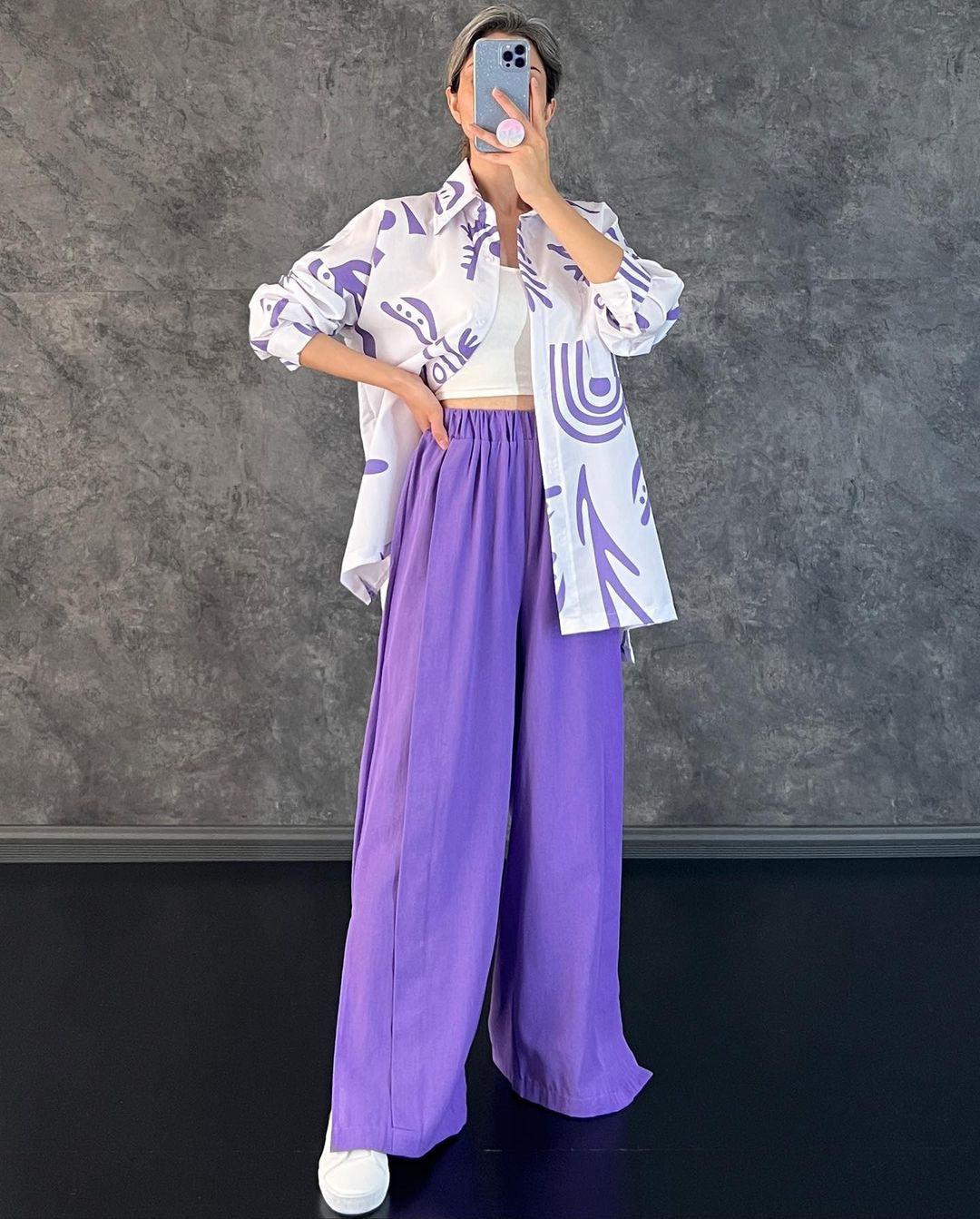 Casual Floral Print Long Sleeves Shirts & High Waist Pants