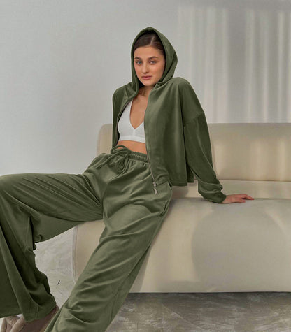 Casual Fashion Pleuch Hoodies & High Waist Pants Women Outfit Sets