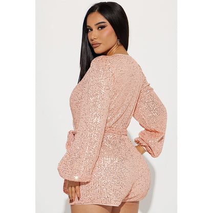 Sexy V Neck Sequined Long Sleeves Short Jumpsuit