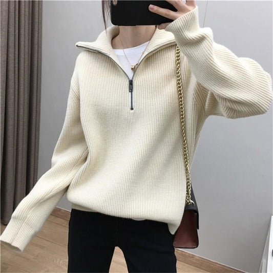 Casual Turnover Zipper Pullover Women Sweaters