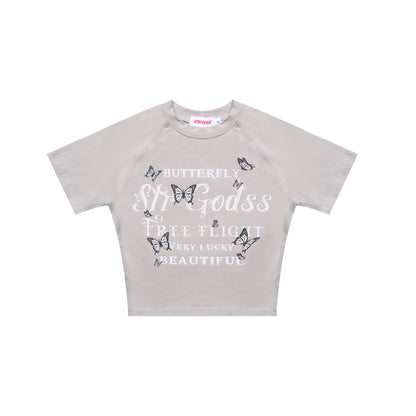 Vintage Butterfly Print Midriff Baring Short Sleeves T Shirts